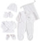 KINOUSSES - Kit Naissance 6 Pièces - 0 mois - Velours Blanc - Motif Nuage - (Pyjama, Body, Bonnet, Moufles, Chaussons et Pochon de Rangement) - Cadeau Bébé Mixte Garçon et Fille