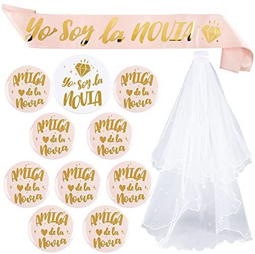 FLOFIA 12pz Addio al Nubilato Decorazione Sposa Gadget Addio al Nubilato Velo Spille Futura Sposa Amica della Sposa Fuscia Oggetti per Matrimonio Nozze Hen Party Feste Notte in Spagnolo
