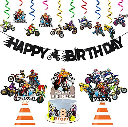42Pcs Dirt Bike Party Decoration Kit Dirt Bike Extreme Sports Racing Birthday Party Banner Motocross Party Hangling Swirls Cake Topper and Table Centerpieces All-in-One Pack Party Supplies