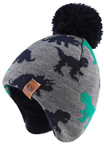 XIAOHAWANG Baby Strickmütze Winter Babymütze Junge Warme Kindermütze Junge Beanie Mütze Dicke Wintermütze für Herbst,Winter(Grau Dinosaurier Hut, 2-4Jahren)