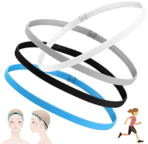 4 Stück Elastische Sport Stirnbänder, FUKPO Dick Haarbänder Antirutsch Headbands Stirnband Damen Kopfband Herren, Haarband Männer für Laufen Yoga(Schwarz, Weiß, Blau, Grau)