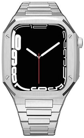 Cassa in acciaio inossidabile 316L + cinturino per Apple Watch Series 7 41mm 45mm per Iwatch Applewatch Series 6 5 4 SE 44mm Kit di modifica (CG88 - 4 chiodi Edition) (argento, 45mm)