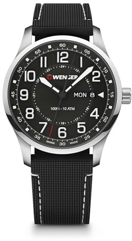 WENGER Herren Armbanduhr Attitude Ø 42 mm, Swiss Made, Analog Quarz, Wasserdicht bis 100 m, Silikon-Armband, Schwarz, 01.1541.127