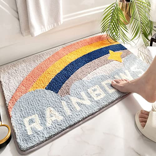 Bath Mat Rugs, Super Absorbent Floor Mat, Water Absorption and Quick Drying, Non Slip Carpet for Bathroom Entrance Door, Shower Rug with Rubber Backing, Soft Comfortable (50*80cm, Star Rainbow)
