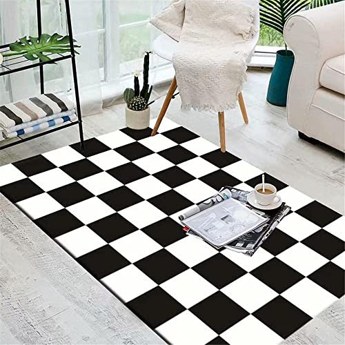Teppich Schlafzimmer Modern Schwarzes Und Weißes Schachbrett 3D Schwarzes Und Weißes Schachbrett Wohnzimmer Teppich Schwarzes Und Weißes Schachbrett Dekoration Carpet Rutschfeste Teppiche, 80x160 cm
