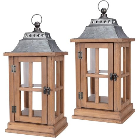 Bdor Laterne Deko (2er Set) - 38,1 cm hohe Vintage Stil Kerzenlaterne Rustikale Holz Laternen Dekorative Laternen für Zuhause Wohnzimmer Kamin Garten Display (Keine Kerzen)
