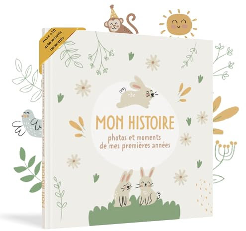 HuBorns - Livre de Naissance Bébé pour Coller des Photos et Écrire avec plus de 50 Pages et Autocollants, Album Photo Bebe de Première Année jusqu'à ses 5, Idéal comme Cadeau Naissance Fille et Garçon