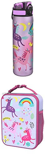 Ion8 Auslaufsichere Schlanke Trinkflasche, BPA-frei, 500ml, Einhörner, i8500FPPUNIC + Ion8 Lunch-Tasche, isoliert, Einhörner, Größe M