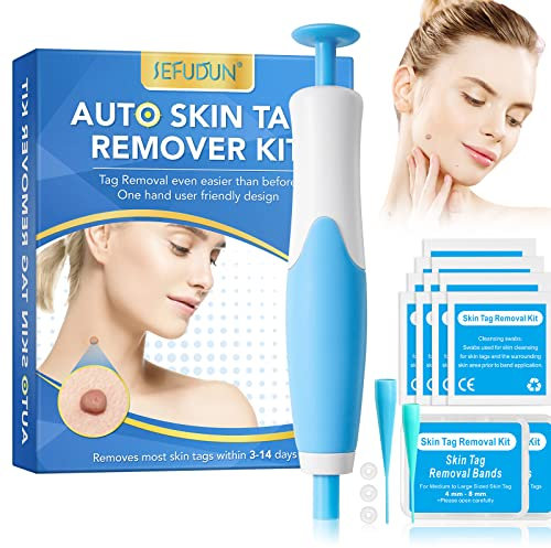 Auto Skin Tag Removal Tool Kit, 2 in 1 Skin Tag Remover Device, 2mm to 8mm Auto Wart Remover,Safe & Painless & Easy Remover Clear Skin Tag & Mole at Home,with 40 Removal Bands& 10 Cleansing Wipes-Blue