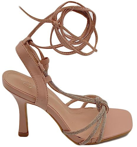 Sandalo Donna Gioiello Open Toe Rosa Intrecciato Tacco a Spillo 10 Strass Luccicanti Cerimonia Lacci alla Caviglia (40 EU)