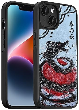 AUKIYUI Designed for iPhone 14 Plus Case, Japanese Design Phone Case Shockproof Hard Back with Non-Slip Soft Bumper Cover, Aesthetic Kuro Dragon Print Cool Embossed Pattern, Black 6.7