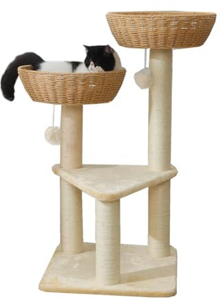 SHENGOCASE Modern Cat Tree Tower for Large Cat with Handwoven Paper Rope Basket Beds, Cat Window Perch, Rattan Wicker Cat Tree (2 Baskets)