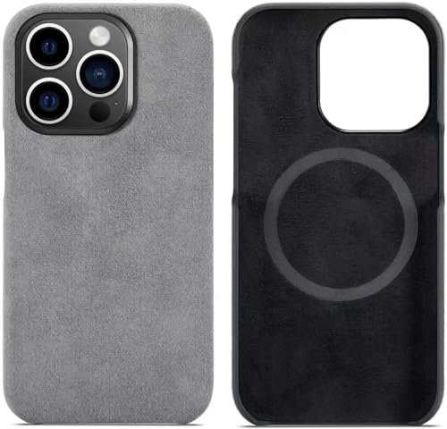 ZYSDDZ Alcantara Hülle Kompatibel mit Apple iPhone 15 Serie, Handgefertigte Half Wrap Wildlederstoff Hülle Kompatibel mit Kabellosem Laden (Grau, iPhone15ProMax)