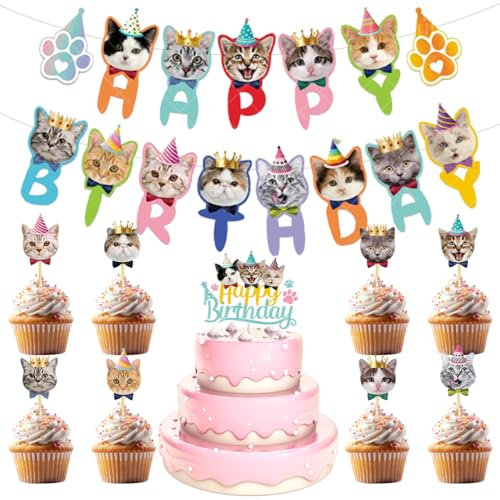 Koonafy 11Pcs Cat Birthday Party Decoration Includes Cat Happy Birthday Cake Toppers Cat Happy Birthday Banner Pet Kitten Theme for Party Table Toppers and Photo Booth Props (cat face party set)