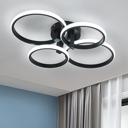 DELIPOP Moderne LED Deckenleuchte, 48W Kreative Runde Deckenlampe Kaltweiß 6500K, Schwarz Deckenleuchten aus Aluminium LED Lampe für Wohnzimmer Schlafzimmer Flur Küche