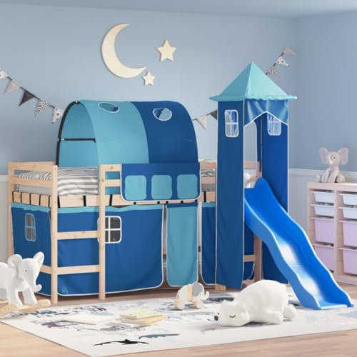 TREISL Hochbett mit Turm für Kinder, Etagenbett aus Holz, platzsparend, natürlicher Komfort für Spaß und Raumoptimierung, Braun, 205,5 x 97,5 x 113,5 cm