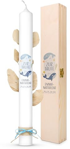 AMARI ® Taufkerze personalisiert Wunderwelt Wal (002.10.04) H:40cm/⌀:4cm - Taufkerze Mädchen/Junge - Kerze selber gestalten Taufe - Taufkerze selber machen - Taufkerze mit Namen