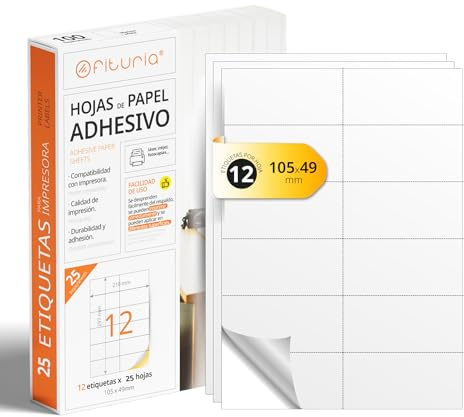 A4-Bögen mit weißen selbstklebenden Etiketten, Erstellen Sie Ihre eigenen individuellen, Sicherer selbstklebender A4-Papier, Selbstklebendes Etikett zum Bedrucken - Ofituria (12 pro Blatt, 25 Bögen)