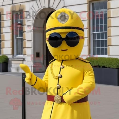 REDBROKOLY Giallo limone British Royal Guard mascotte personaggio costume vestito con un abito e occhiali da sole