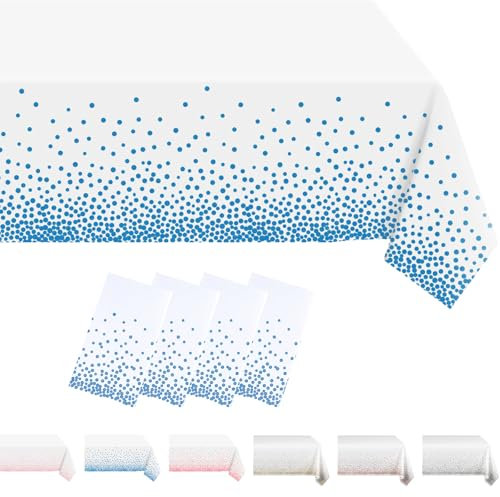 MORAINJAY 4 manteles de fiesta de lunares blancos y azules, mantel rectangular de 137 x 274 cm, mantel de plástico impermeable para picnic al aire libre, boda, cumpleaños, decoración de mesa de