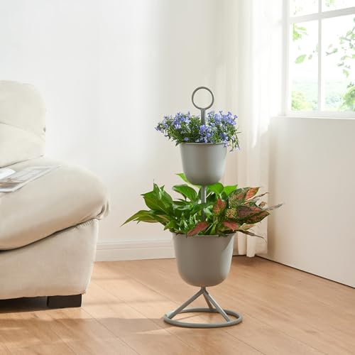 [en.casa] Stand Portapiante con 2 Vasi Piedistallo per Piante Supporto Espositore Piante Fiori Portapiante in Metallo - Grigio Scuro
