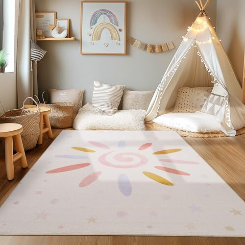 HomebyHome Kurzflor Kinderteppich für Jungen und Mädchen 120 x 170 cm Creme Sonnen und Stern Design - Waschbarer Teppich Extra Weich und Antiallergen - Teppich Kinderzimmer, Babyzimmer und Spielzimmer