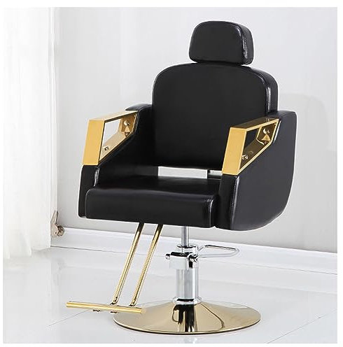 Llchaensc Friseurstuhl Mit Kopfstütze, Friseursessel Höhenverstellbar Kippbar Für Herren Damen, Friseureinrichtung Bedienungsstuhl Vintage Retro, Kunstleder,Schwarz,A