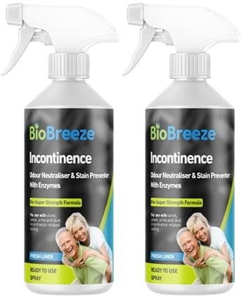 BioBreeze Incontinence Odour & Stain Preventer Spray With Bio Enzymes Human Urine/Soiling Cleaner For Elderly Care Enzymatic Formula Super Strength Fresh Linen 500ML (Pack of 2)
