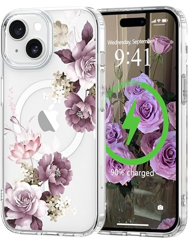 L-FADNUT Magnetisch Handyhülle für iPhone 15 Hülle Kompatibel mit MagSafe, Transparent Blumen Muster Schutzhülle Hart PC Rückseite Dünne Stoßfest Kratzfestes Case für iPhone 15, Lila