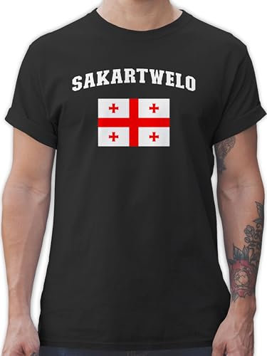 T-Shirt Herren - Fußball EM WM - Sakartwelo Schriftzug mit Flagge | Sakartvelo | Georgia | Georgien | Georgisch - 5XL - Schwarz - Fussball Shirt männer Europameisterschaft georgische Tshirt