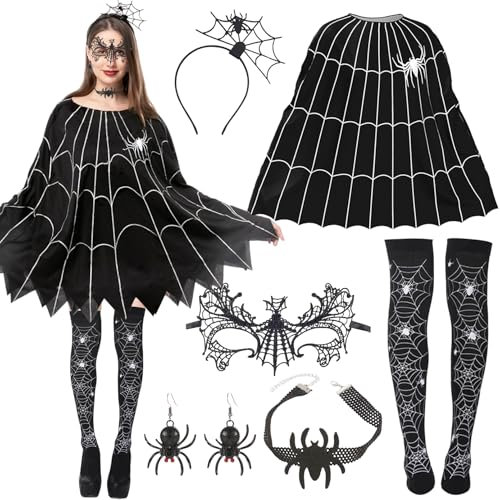 Halloween Spinne Kostüm, 6 Stück Spinne Kostüm Damen Halloween Kostüm Hexe Damen Spinnennetz Umhang Spinne Maske, Ohrringe,Haarreif,Spinne Kostüm Set für Erwachsene Halloween Fasching Karneval Cosplay