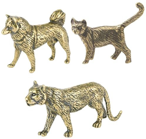SnowOwl 3 Stück Messing-Tiger- und Katzen- und Hundefigur, Tierfigur, Skulptur, Dekoration, kleiner Tiger, Katze und Hund, Kupfer-Statue, Tee-Haustier-Heimdekoration für Computertisch (Animal-04)