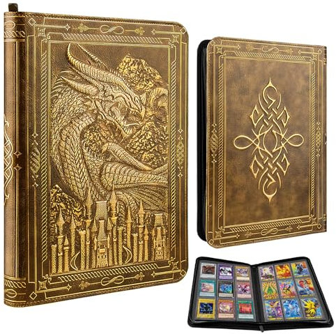 TIANREN Card Binder 9 Pocket, 3D PU Leder Album mit Reißverschluss, 360 Side Loading Pockets für TCG, MTG, Lorcana, Andere Sammelkarten, Sammelkartenspiel Schutzmappe Album (Goldbraun)