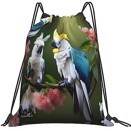 GaxfjRu Schöne Tasche mit Kordelzug für Kakadu, Vogel und Blumen, praktische und wasserdichte Tasche mit Kordelzug für Fitnessstudio, Schnur-Rucksack, Weiss/opulenter Garten, Einheitsgröße