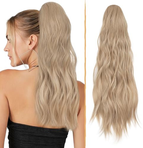 TESS Lange Pferdeschwanz Haarteil mit Kordelzug 66cm, Wellig Lockige Synthetische Ponytail Extension, Haarverlängerung Clip in Haarteile Haarzopf für Frauen Blond und Aschblond Gemischt