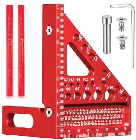 TPTGIAR 3D Gehrungswinkel Multifunktional, 22.5-90 Winkel Aluminiumlegierung Winkelmesser, Hochpräzises Speedmarker, Zimmermannswinkel Mit 2 Holzbearbeitungsstiften für Tischler Ingenieur (Rot)