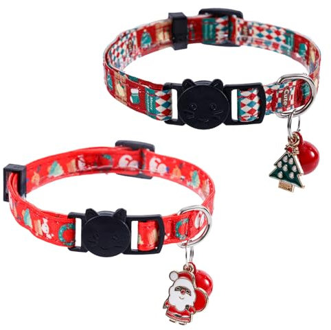 2stk Verstellbare Katzenhalsbänder, Katzenhalsbänder mit Glöckchen Weihnachts-Katzenhalsband Weihnachtsmann Weihnachtsbaumanhänger Katzenhalsbänder mit Abreißverschluss für Kätzchenwelpen