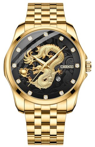 Silverora Uhren Herren Diamant Golduhren: Wasserdicht Kalender Geprägte Drachen Analoge Quarzuhr mit Leuchtender Zeiger Glänzende Strass Edelstahl Armbanduhren Geschenke für Männer schwarz
