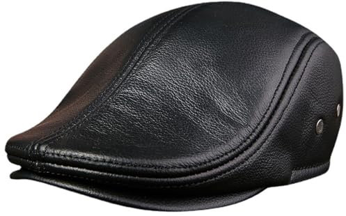 Schiebermütze Herren, Echt Leder Schiebermütze mit Ohrenklappe Schlägermütze Flat Cap, Echtes Aus Leder Ivy Futter Ohrenschutz, Barret Cap (DE/NL/SE/PL, Numerisch, 57, 58, Schwarz)