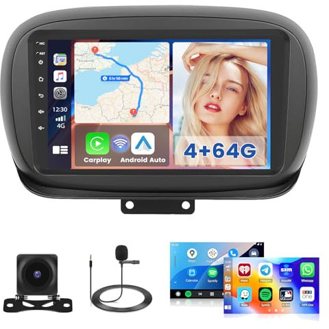 Hikity 4G+64G Autoradio Android 15 per Fiat 500X 2014 2015 2016 2017 2018 2019 2020 Stereo Auto 2 Din Wireless Carplay Android Auto 9 Pollici Touchscreen con GPS WiFi FM/RDS 32EQ Camera MIC