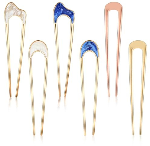 Set med 6 franska hårspännen i metall för kvinnor, för hästsvans, U-formade, guldfärgade, blå, tjocka och tunna, frisyrtillbehör, klassiska hårnålar för kvinnor och flickor, present