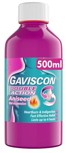 Gaviscon Double Action Aniseed Liquid 500ml - Heartburn, Indigestion, Stomach Pain, Acid Reflux Relief, Digestive Health, Long-Lasting Antacid, Pregnancy Safe
