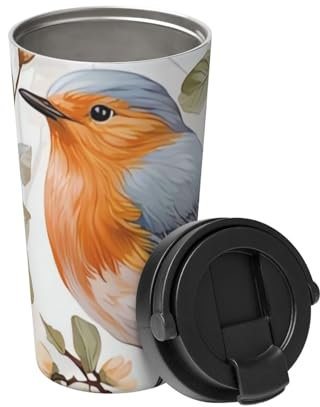 Floral Print Watercolor Robin Bird Tumbler 16oz Stainless Steel Insulated Coffee Mug Double Wall Vacuum Thermos Cup with Flip Lid and Handle Leakproof Travel Mugs for Hot Cold Drinks