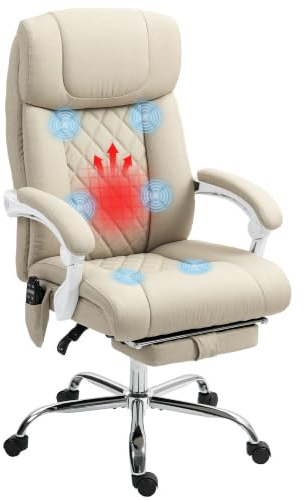 HOMCOM Silla de Oficina con Masaje de 6 Puntos Reclinable Calefacción Beige | Silla de Escritorio Ergonomía, Altura Ajustable, Respaldo Alto, Asiento Ancho, Mando a Distancia, Reposapiés