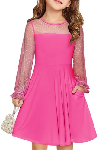 Haloumoning Robe de princesse festive pour fille - En maille contrastée - Manches longues bouffantes - Robe d'été élégante - Ligne A - Col rond - Avec poches - Pour 6-14 ans, Rose/rouge, 7-8 ans