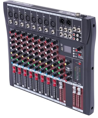 Channel Audio Mixer 18W 8 Channels Mixer Sound Board Console with Three-Band Equalizer Mixer Board with LCD Display&Indicators, USB Slot Strip, Heat Sink, Multiple Connections