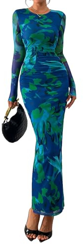 PRETTYGARDEN Wedding Guest Dresses for Women Spring Long Sleeve Ruched Bodycon Floral Mesh Cocktail Party Fall Maxi Dress, Green Floral, M