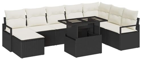vidaXL 9-teiliges Garten-Sofaset mit Kissen in Schwarz und Creme – Modulares Outdoor-Sitzmöbel aus Poly-Rattan, wetterfest, bequem und stylisch für Terrasse, Balkon und Veranda.