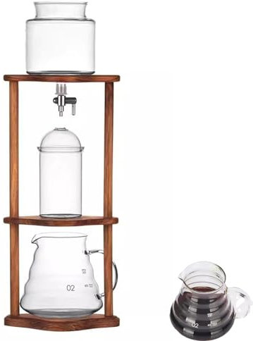 Tragbarer Cold Brew Drip Tower mit einstellbarem Wasserfluss, Glaskaraffe und Holzhalterung – Perfekter Eiskaffeebereiter für den Einsatz zu Hause und im Büro