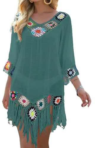 YIMAISZQ Baseball Cap Häkeln Cover-up Mini Kleid Weiß Bikini Cover Up Fringe Trim Frauen Sexy Hohle Tunika Strandkleid Sommer Badeanzug Strandbekleidung-grün-eine Größe